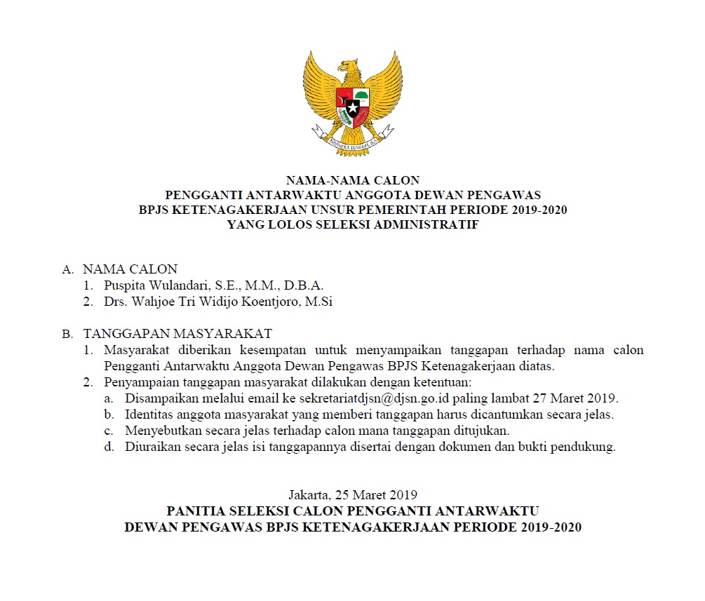 Nama-Nama Calon Pengganti Antarwaktu Anggotra Dewan Pengawas BPJS Ketenagakerjaan Unsur Pemerintah Periode 2019-2020 Yang Lolos Seleksi Administratif