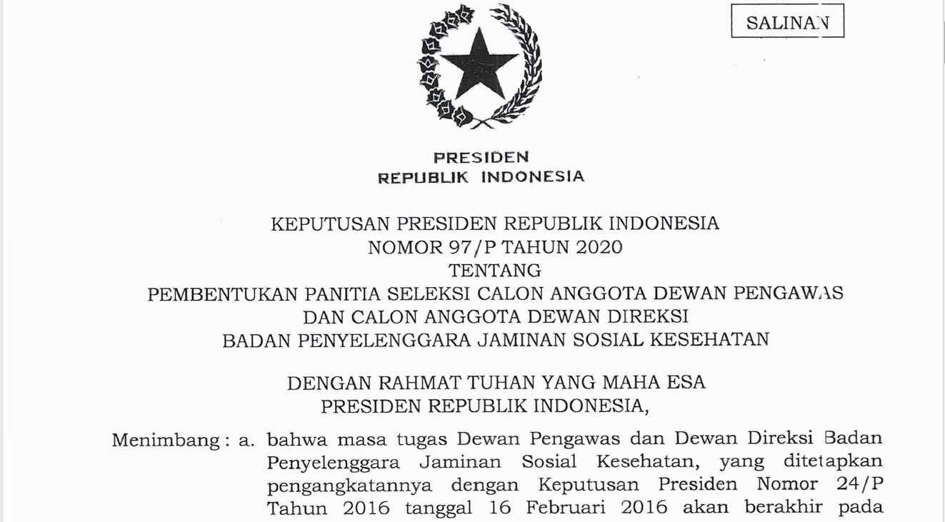 Pengumuman Panitia Seleksi Calon Anggota Dewan Pengawas dan Calon Anggota Dewan Direksi BPJS Kesehatan