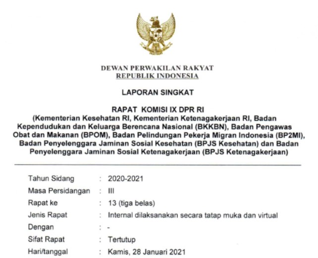 Laporan Singkat Pengambilan Keputusan terhadap Calon Anggota Dewas BPJS Kesehatan dan Calon Anggota Dewas BPJS Ketenagakerjaan