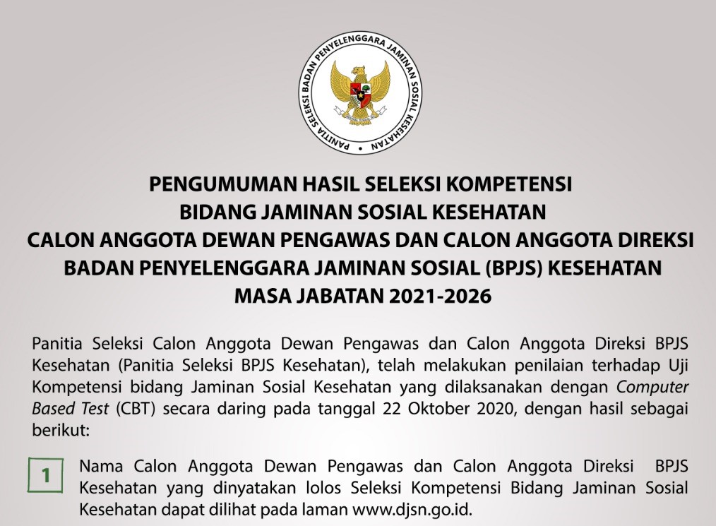 PENGUMUMAN HASIL SELEKSI KOMPETENSI BIDANG JAMINAN SOSIAL KESEHATAN